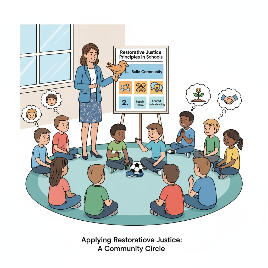A teacher is leading students through an activity related to restorative justice, demonstrating how to apply its principles in an educational context. Teacher guiding students in a restorative justice activity for school implementation in K12 education