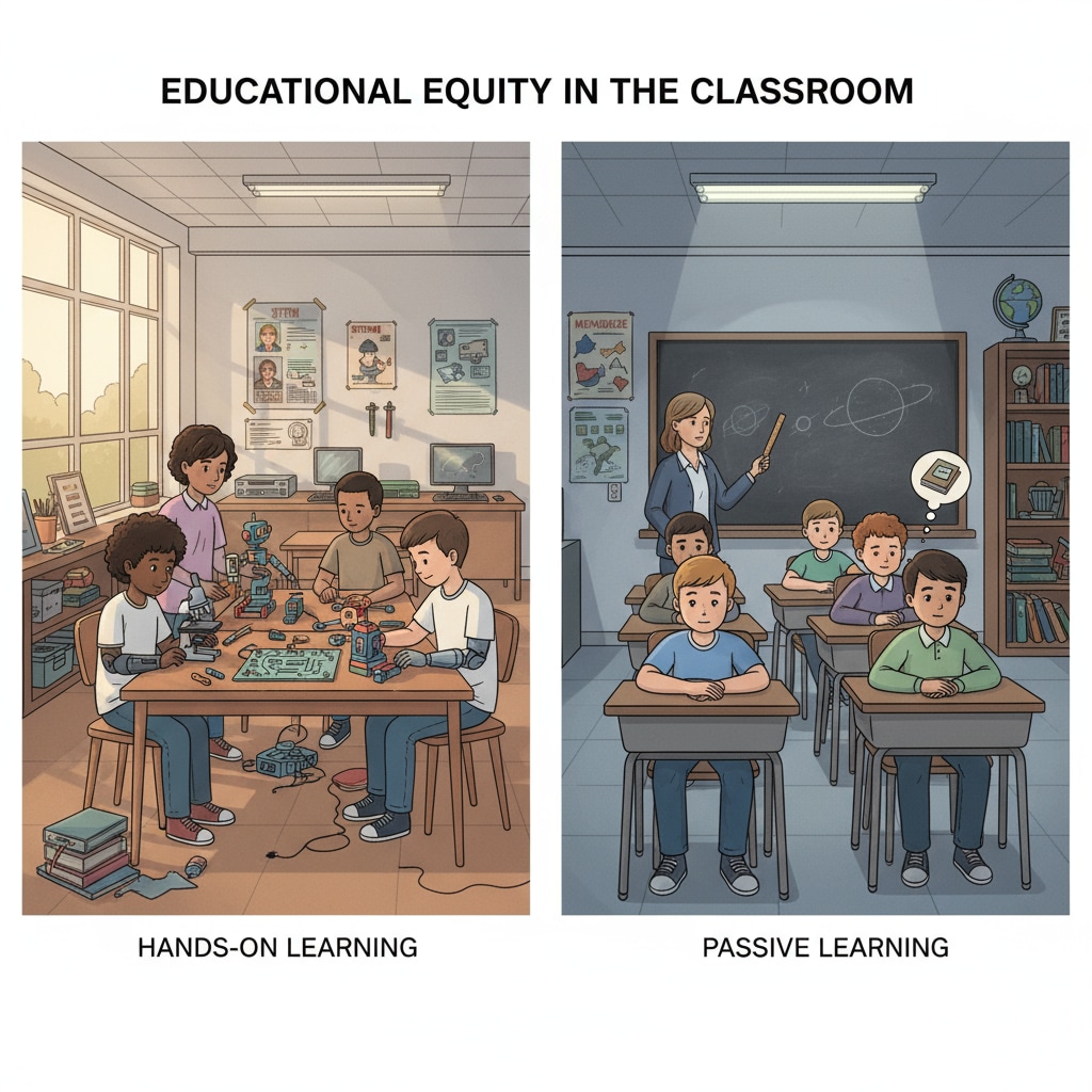 A classroom scene depicting educational inequality through different student activities related to research and evaluation.