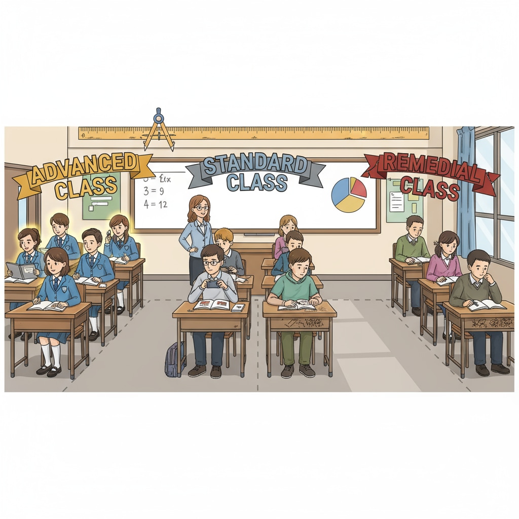 A classroom scene where students with different academic performance levels are sitting separately, highlighting the class stratification. Classroom scene showing class stratification and its impact on student engagement in the education system.