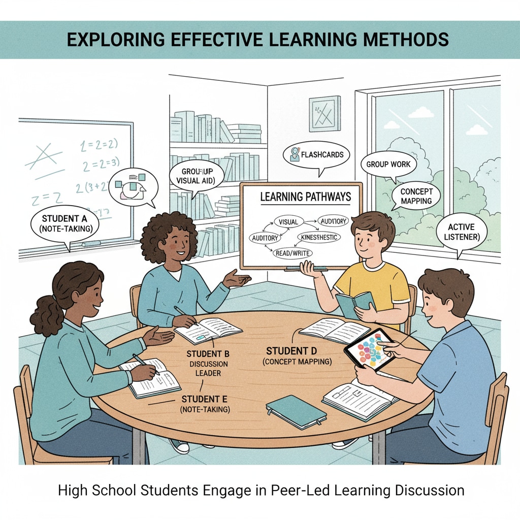 A group of high school students are sitting around a table, engaged in a lively discussion about various learning methods. Some are writing on notebooks, while others are showing diagrams. High school students sharing learning methods