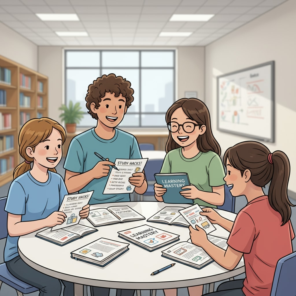 A group of high school students are smiling as they exchange notes filled with learning tips and strategies. High school students sharing notes on learning methods