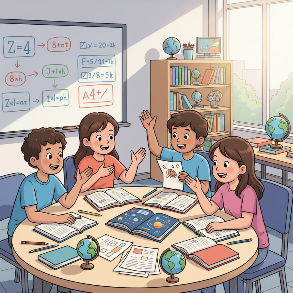 A group of students are engaged in a lively discussion in a classroom, with books and papers on their desks. Students in a classroom discussing, related to novel writing, character writing styles, and educational background