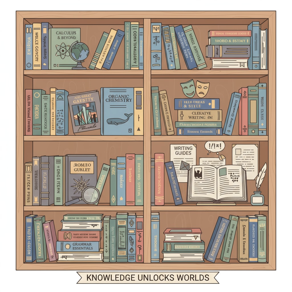 A bookshelf filled with various educational books, including textbooks, literature, and writing guides. Bookshelf with educational books, relevant to novel writing, character writing styles, and educational background