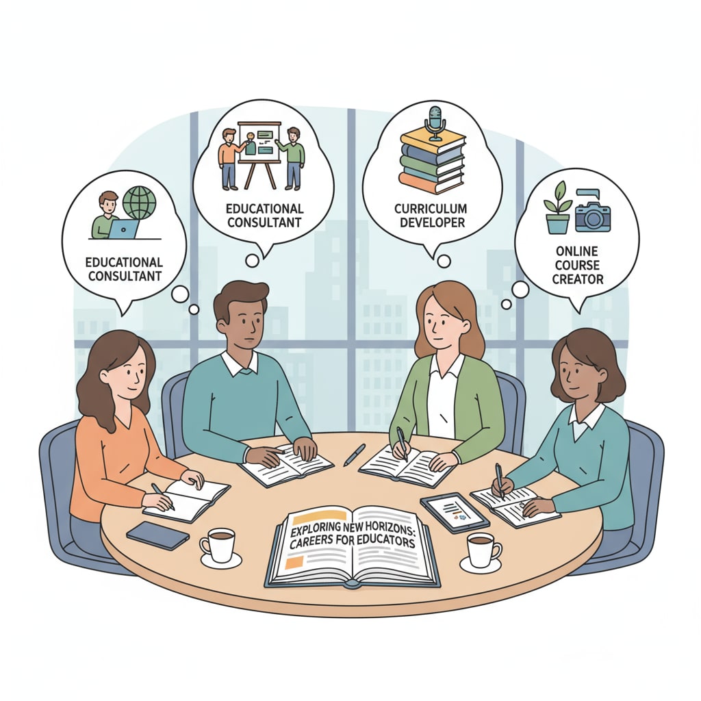 A group of teachers are sitting around a table, having a discussion about different career options they can explore outside of the traditional classroom. Teachers discussing career transitions from public schools while considering their educational qualifications