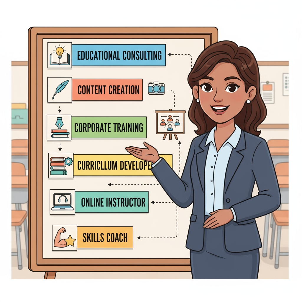 A teacher is standing in front of a job board that has various career options such as educational consulting, content creation, and corporate training listed on it. A teacher exploring alternative career paths with an emphasis on public school experience and educational qualifications
