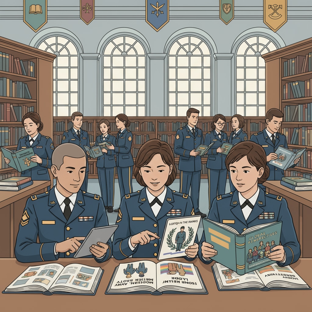 A group of students in a military school library looking at books on various topics including LGBTQ+ related ones. Students in military school library accessing LGBTQ+ education resources under First Amendment protection in Department of Defense education.