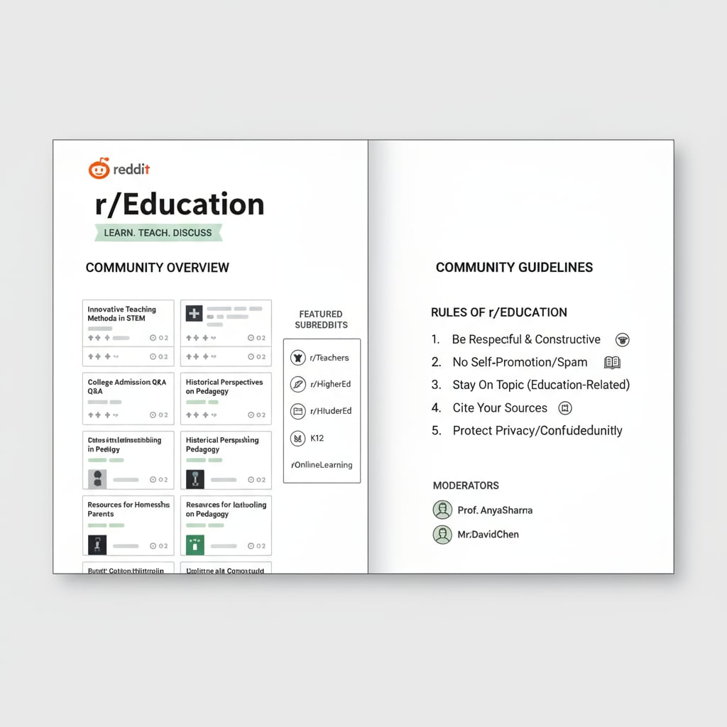 The interface of Reddit's education community shows different subreddits and the rules section prominently. Reddit education community interface with subreddits and rules visible