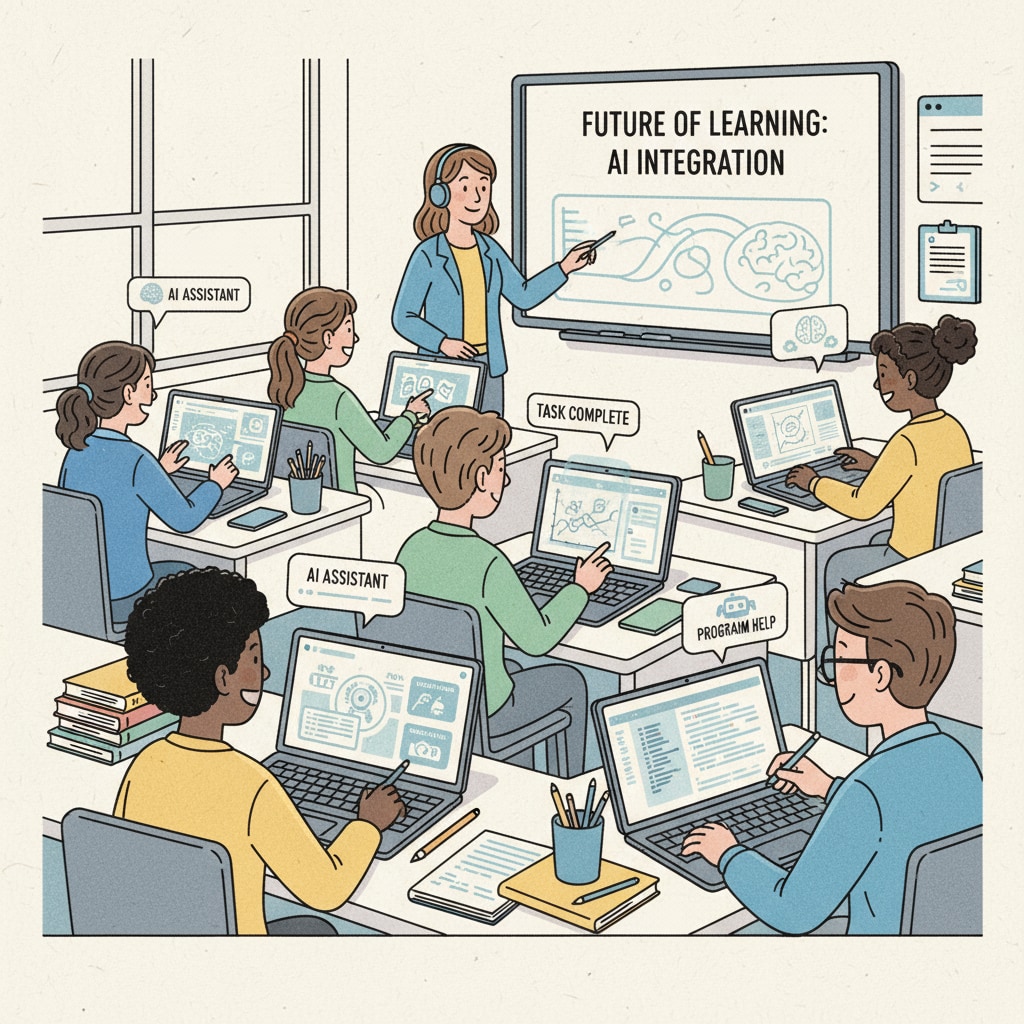 A group of students sitting at desks, some using laptops with AI software open to complete their homework tasks. Students using AI for homework in an educational setting related to AI, homework, and grade inflation