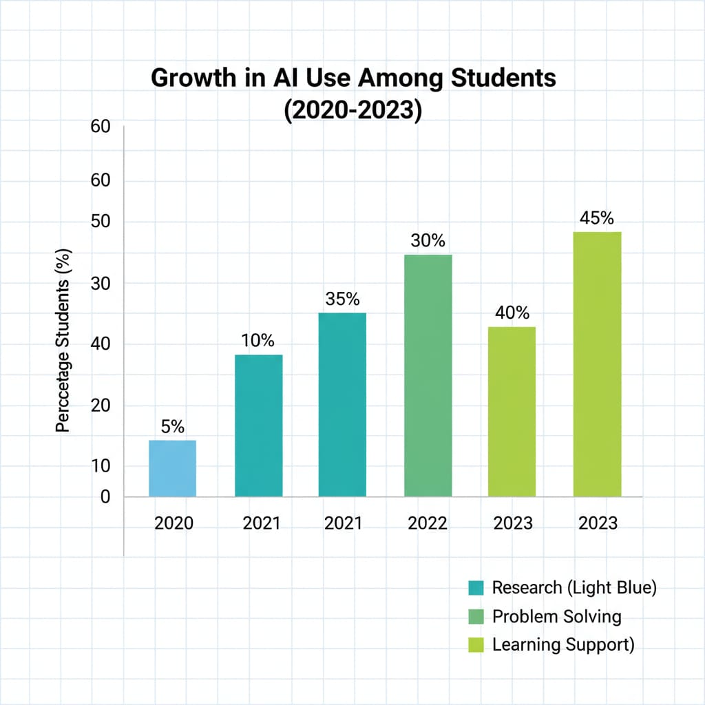 A bar graph depicting the growth in the percentage of students using AI in various educational tasks over the past few years. Graph showing the increasing use of AI in educational tasks relevant to AI, homework, and grade inflation