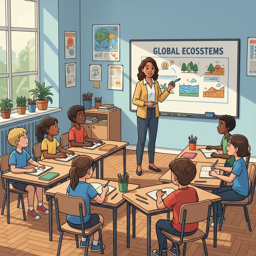 A group of K12 students are sitting in a classroom, listening intently to the teacher's lecture. The teacher is using a whiteboard to present information. K12 students paying attention during a lecture