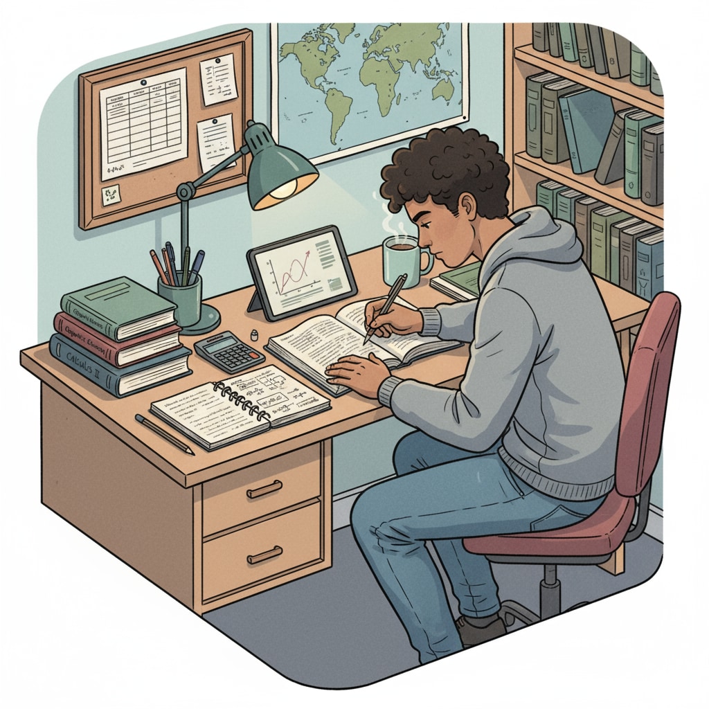 A student is sitting at a study desk. There are books and notebooks neatly arranged. The student has a concentrated look on their face as they study independently. A K12 student engaged in self-study with good time management