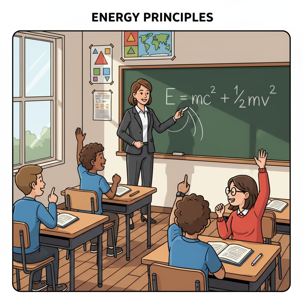 A teacher is standing in front of a blackboard, writing with chalk and having a lively interaction with students. This represents a traditional teaching scenario. Traditional teaching method with a teacher interacting with students in a classroom