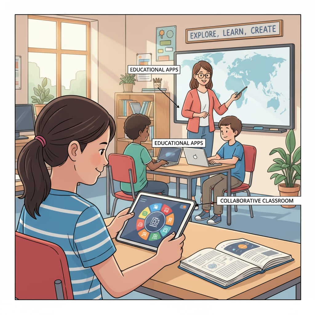 A student is using a tablet to access educational apps in a classroom setting, showing the use of modern teaching tools. Modern teaching tool being used by a student in a classroom