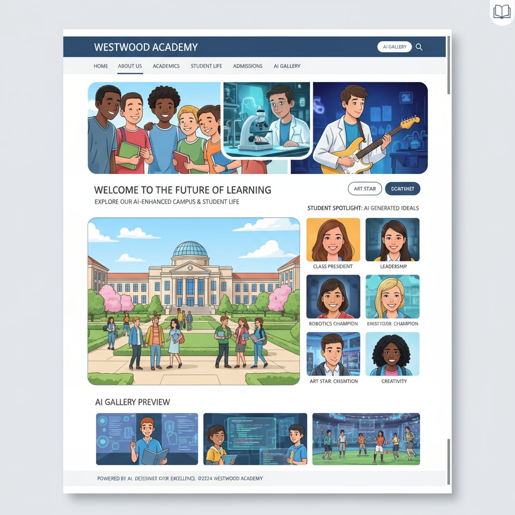 An illustration depicting a high school website page with various AI-generated images such as students in idealized poses and a beautified school campus. AI-generated images on a high school website related to educational ethics
