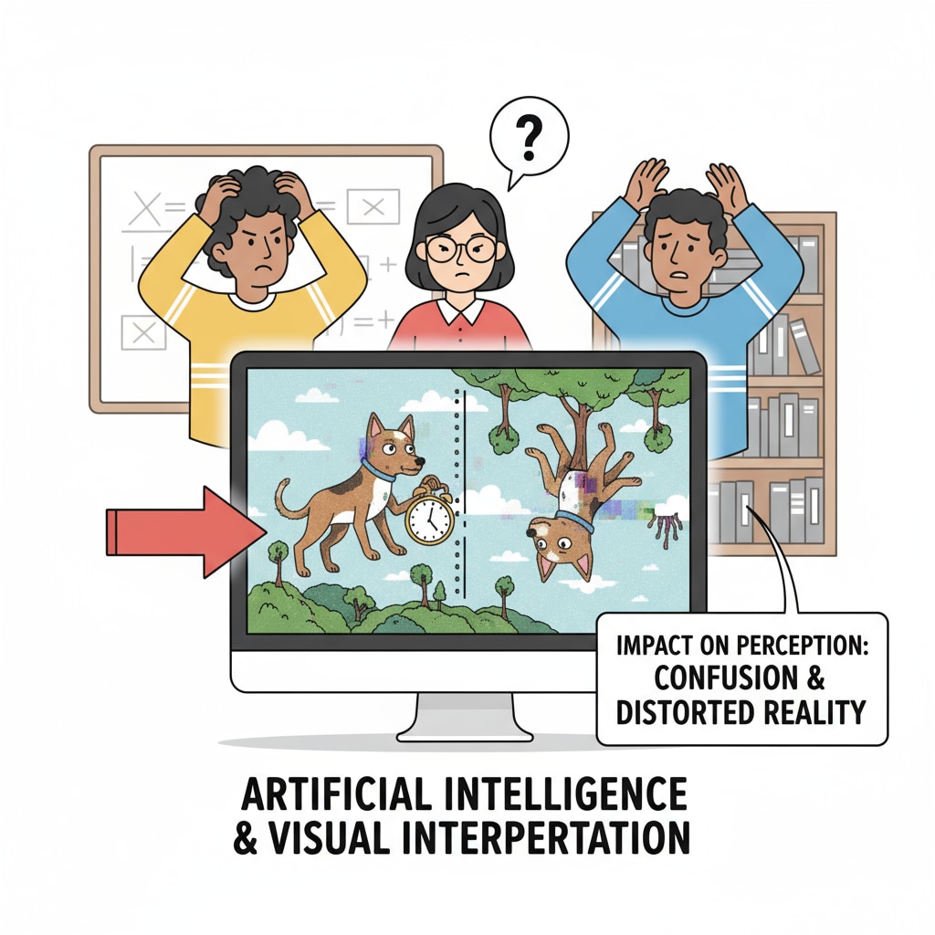 A visual showing students looking confused at a screen displaying an AI-generated image, highlighting the impact on their perception. The impact of AI-generated images on students' perception in the context of educational ethics