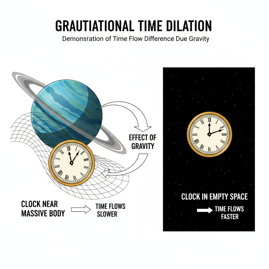 A simple diagram with two clocks, one near a large mass (like a planet) and another in empty space, demonstrating the difference in time flow due to gravity. Diagram showing time dilation due to gravity in the context of relativity