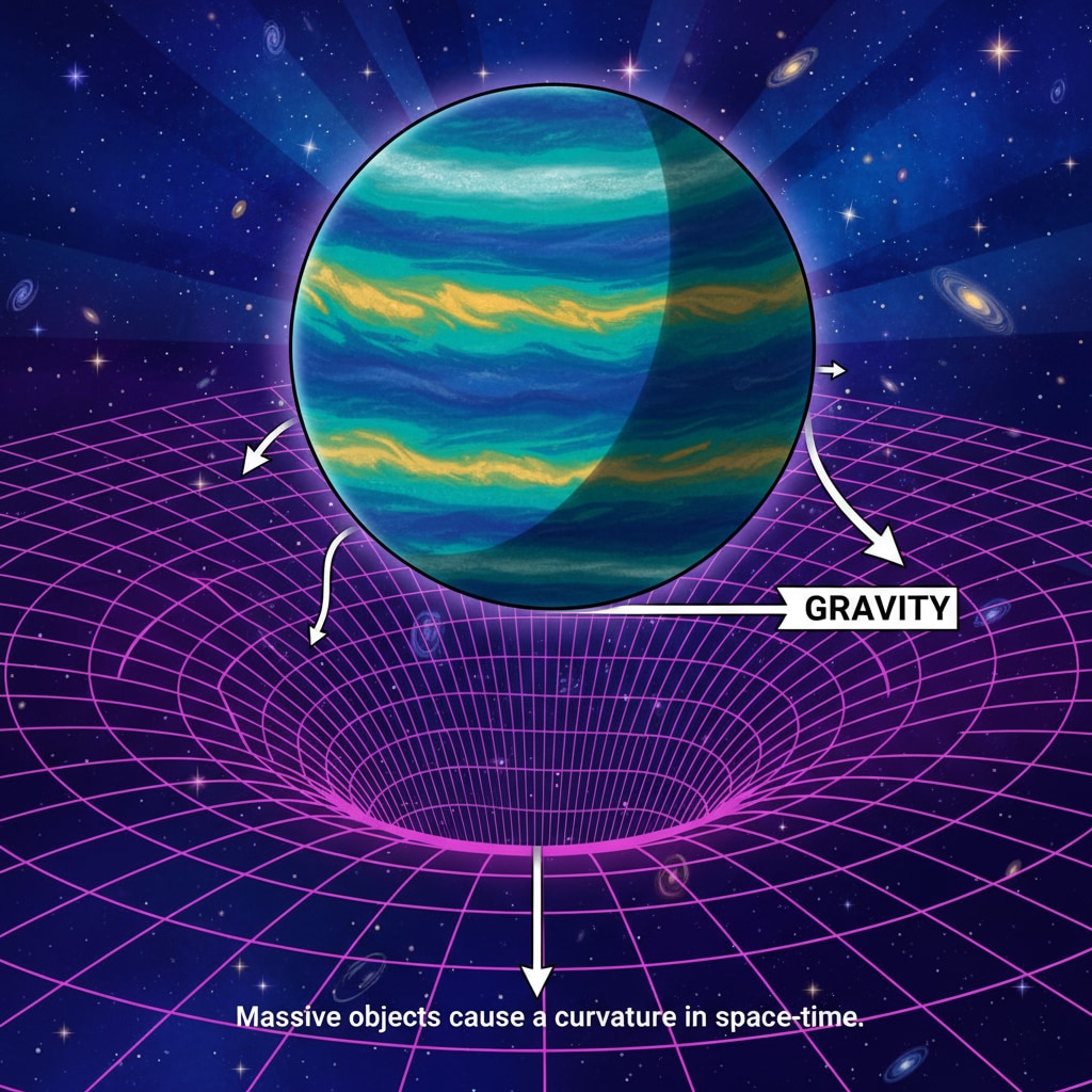 A vividly colored illustration depicting a large planet distorting the fabric of space - time around it. Illustration of space - time distortion by a massive object related to gravity and relativity