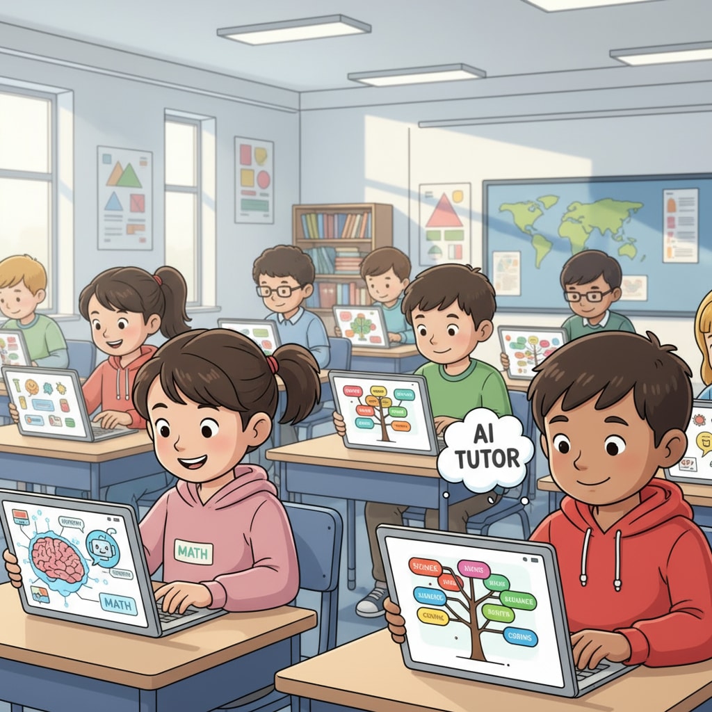 Students are seen using tablets with AI learning apps in a classroom. There are colorful graphics on the tablets, indicating educational content. AI learning tools being used by students in a K12 classroom