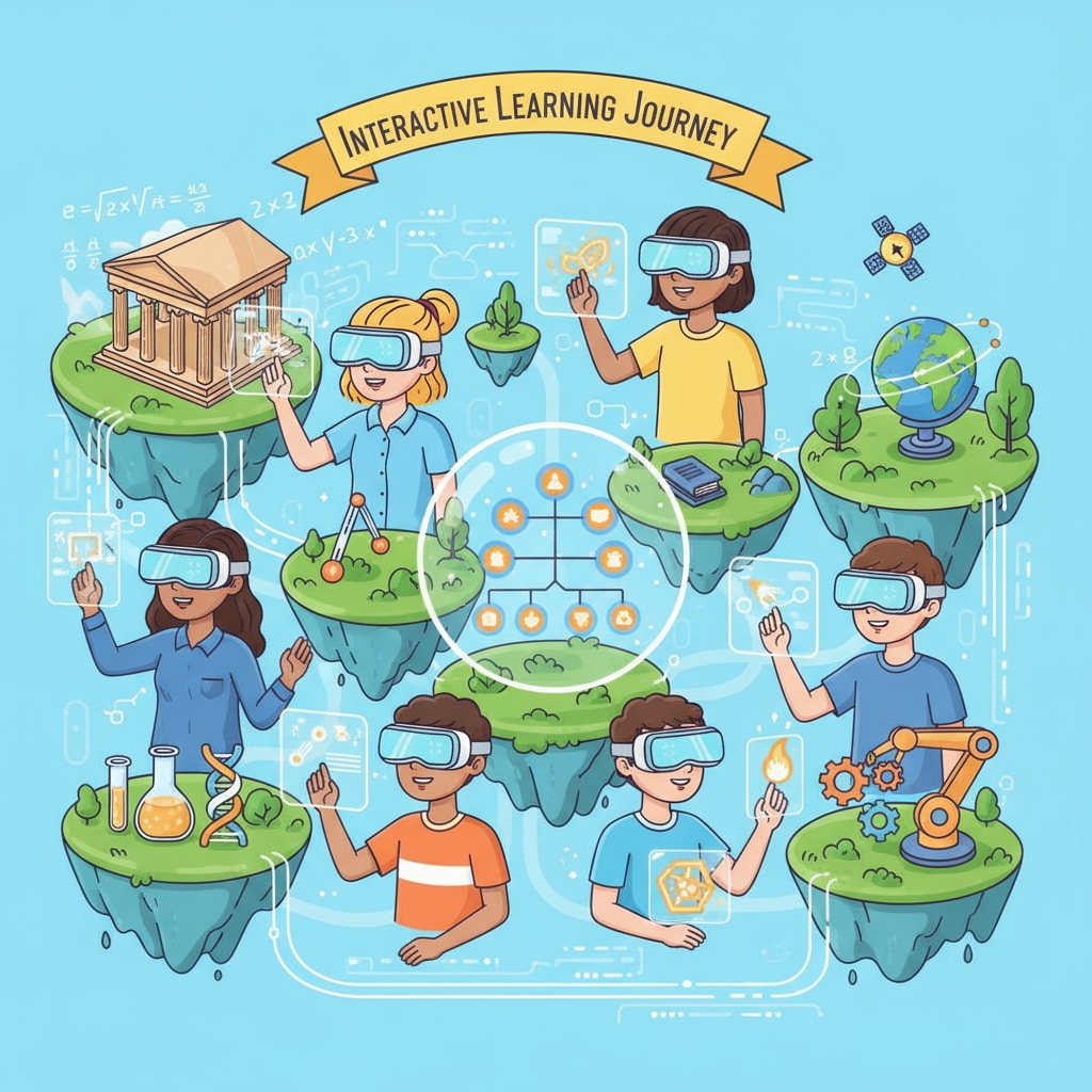 A group of students wearing VR headsets are engaged in an interactive learning session. The environment around them seems to be a virtual educational landscape. Students experiencing an AI-enhanced VR learning experience in K12 education