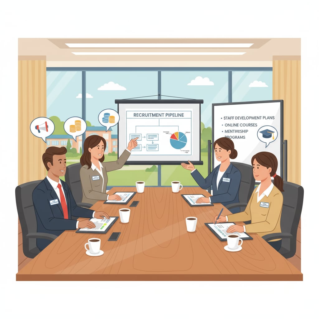 A group of school district HR supervisors are sitting around a conference table, discussing recruitment strategies, budget allocations, and staff development plans. School district HR supervisors in a meeting discussing various responsibilities