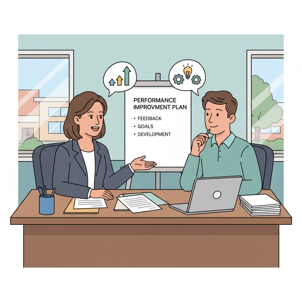 A school district HR supervisor is sitting at a desk, having a one-on-one conversation with an employee, providing feedback and setting goals for performance improvement. School district HR supervisor conducting an employee performance review