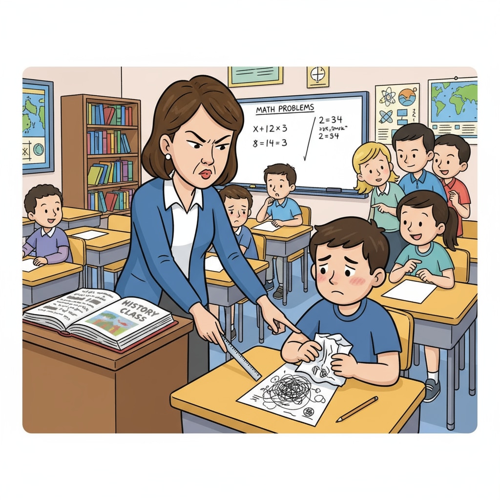 A classroom scene where a teacher is interacting with students. The teacher seems to be making a judgmental expression while looking at a particular student. School Injustice, Teacher Bias, and the Labeling Effect in a classroom