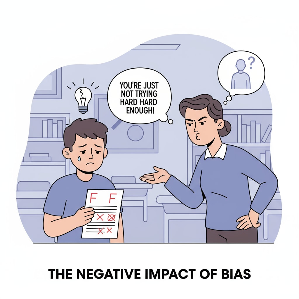 A close-up of a student looking sad while a teacher is talking to them. The situation implies the negative impact of teacher bias. The impact of School Injustice, Teacher Bias, and the Labeling Effect on a student
