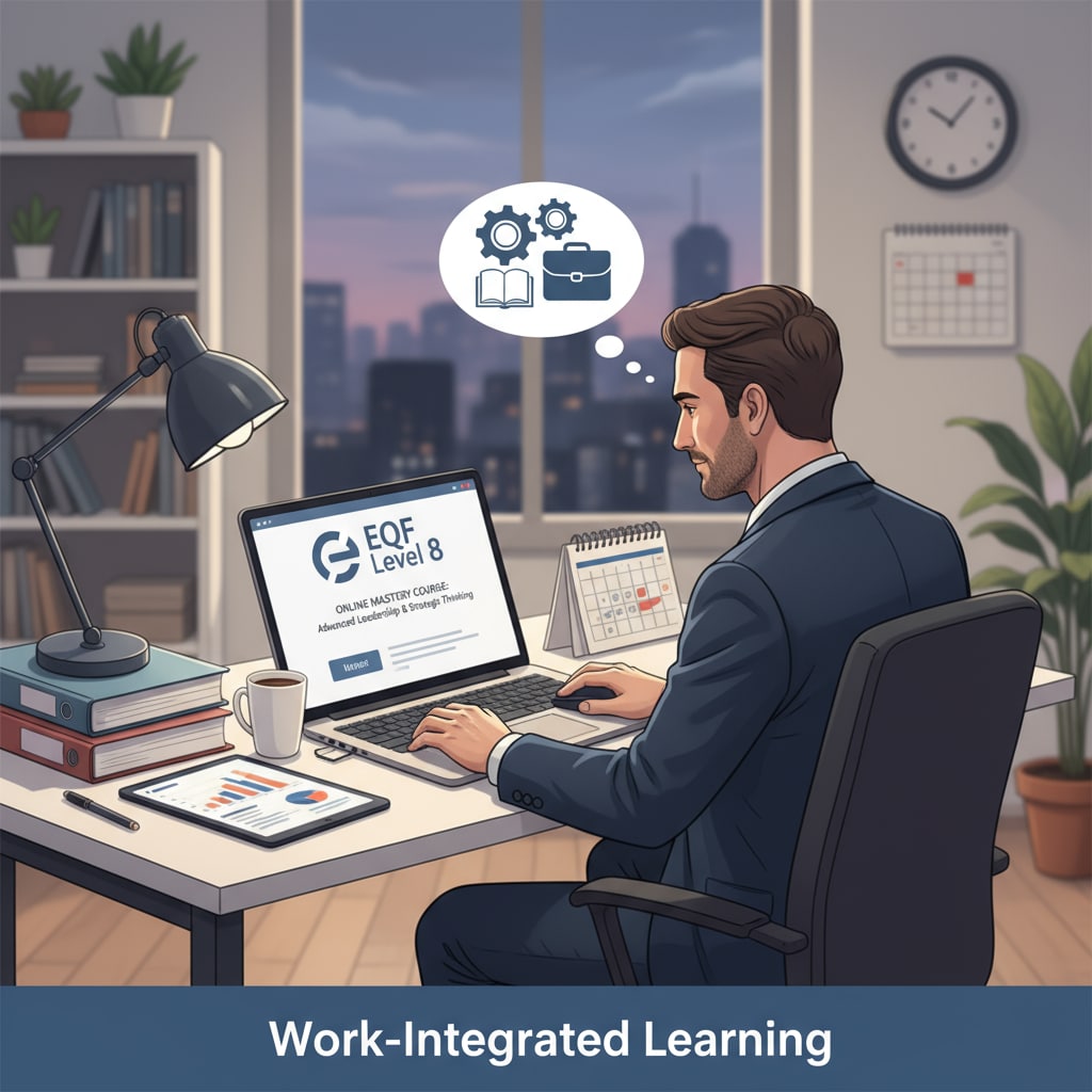 An illustration depicting a full-time worker sitting at a desk, concentrating on an online EQF 8 course on a laptop, highlighting the integration of work and study. A full-time worker studying an online EQF 8 course