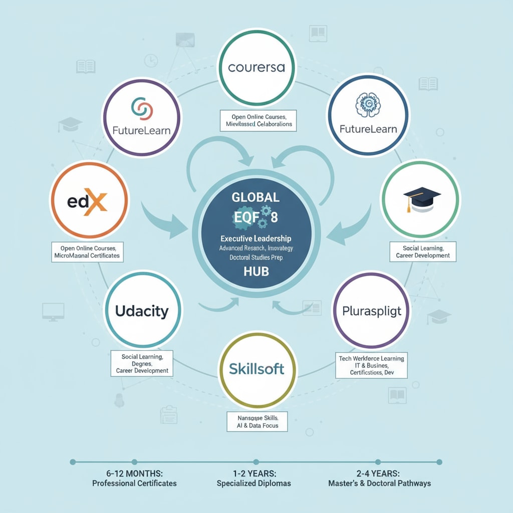 A graphic presenting various online education platforms with details about the EQF 8 courses they offer, such as course duration and curriculum. Graphic of online education platforms offering EQF 8 courses