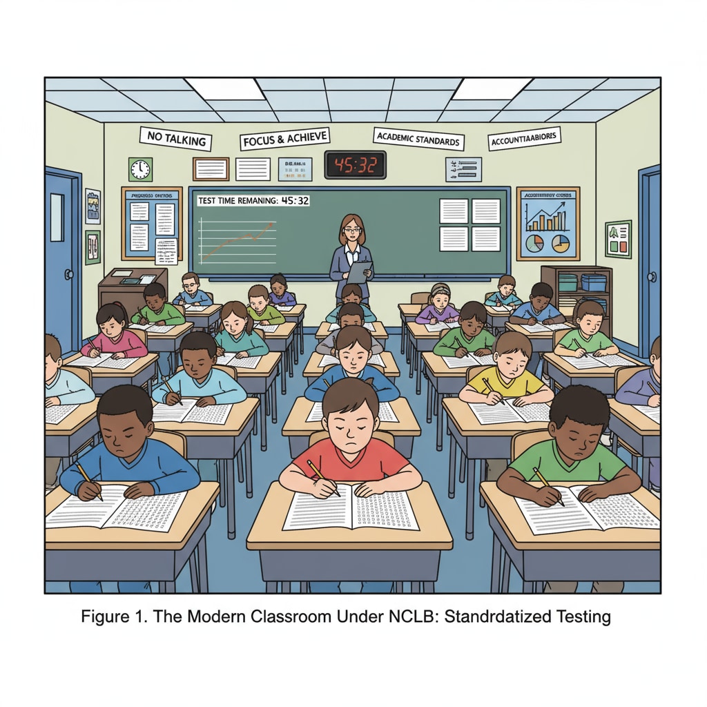 Students are sitting at desks, taking a standardized test. This depicts the new reality in classrooms after the NCLB Act, where standardized testing became a key part of educational accountability. Students taking a standardized test as a result of NCLB - driven educational accountability and change