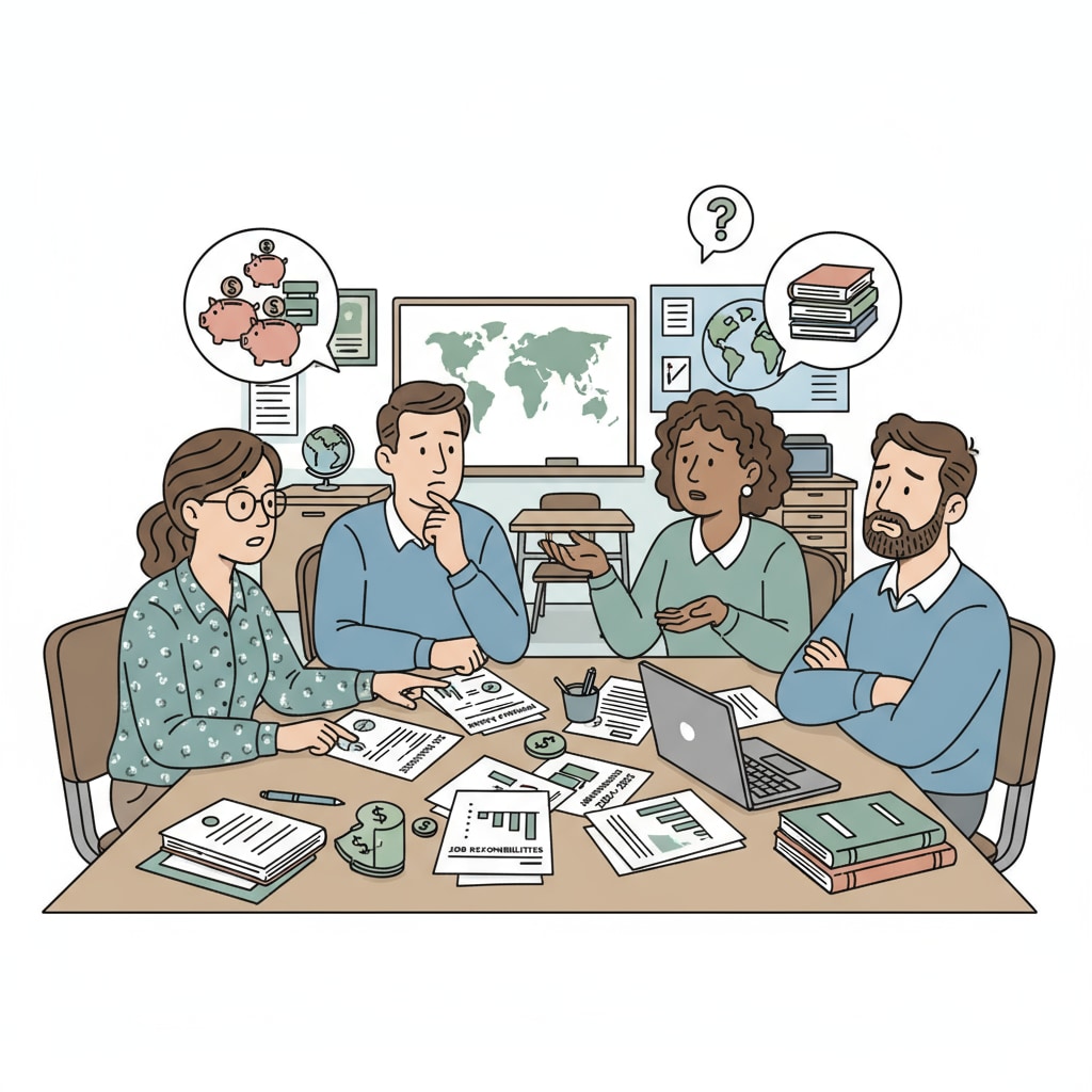 A group of K12 educators are engaged in a serious discussion, with papers and teaching materials on the table, showing their concern about job responsibilities and salary issues. K12 educators discussing job responsibilities and salary in higher education
