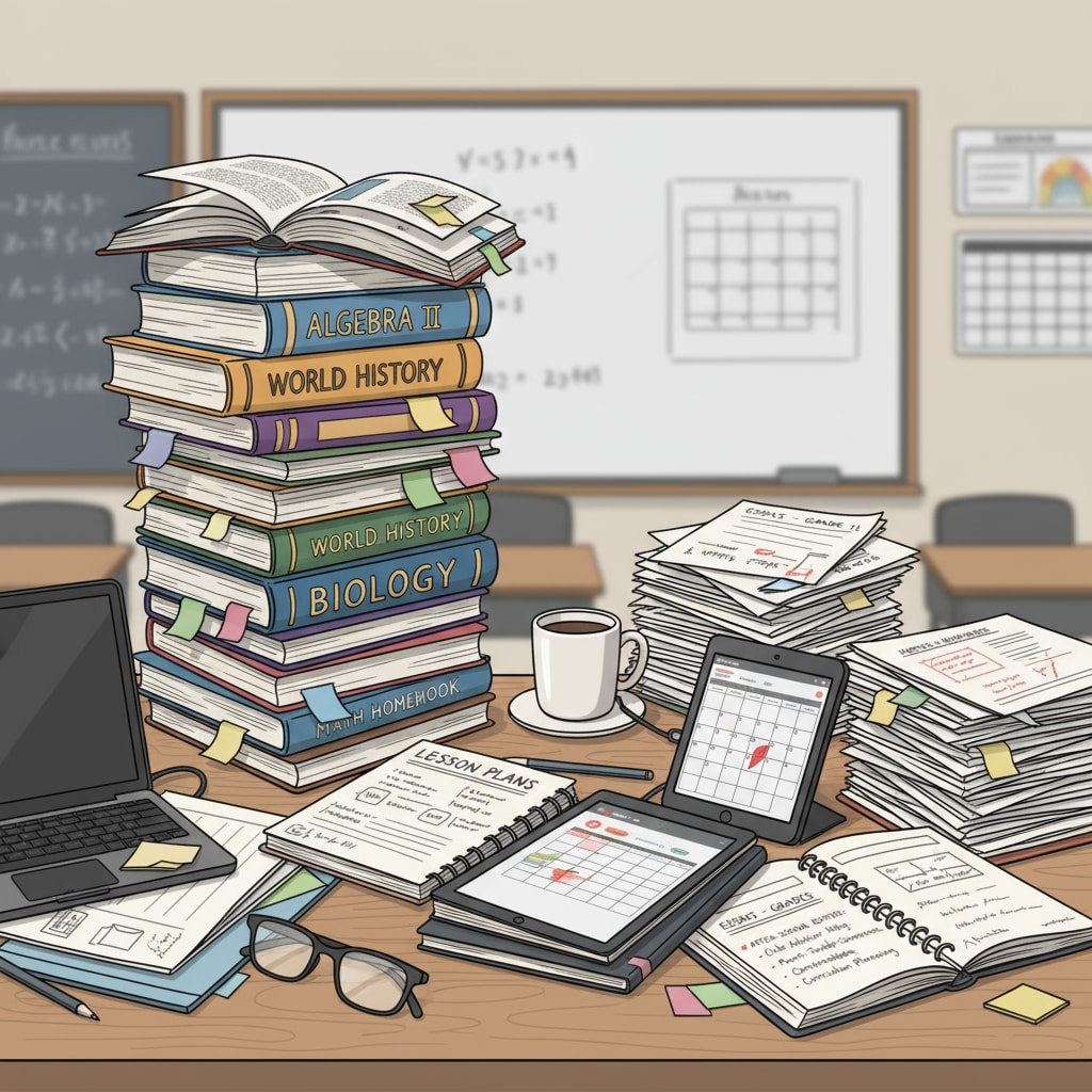 An educator is sitting at a cluttered desk, surrounded by textbooks, lesson plans, and student assignments, highlighting the heavy workload of additional responsibilities. K12 educator under the pressure of additional work responsibilities in higher education