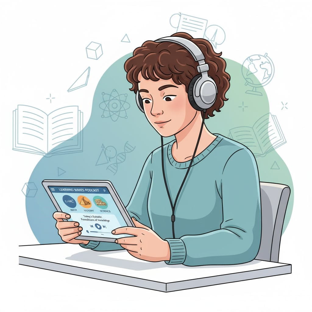 A person is shown wearing headphones and looking at a tablet with a podcast app. The app display shows topics related to basic education like math formulas and historical events. A person using a podcast for basic education learning