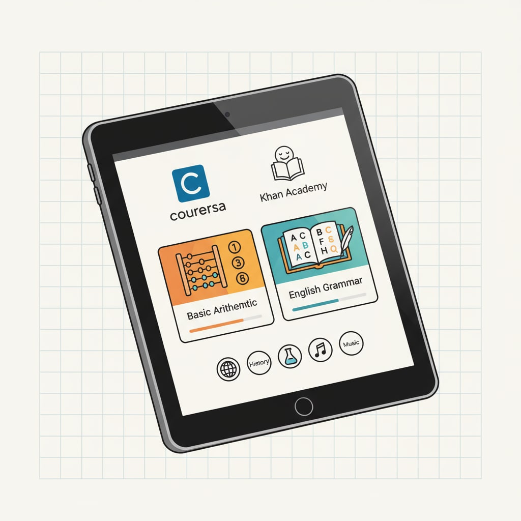 A tablet screen displays popular online education platforms like Coursera and Khan Academy, with course previews of basic education subjects such as arithmetic and grammar. Online education platforms for basic education