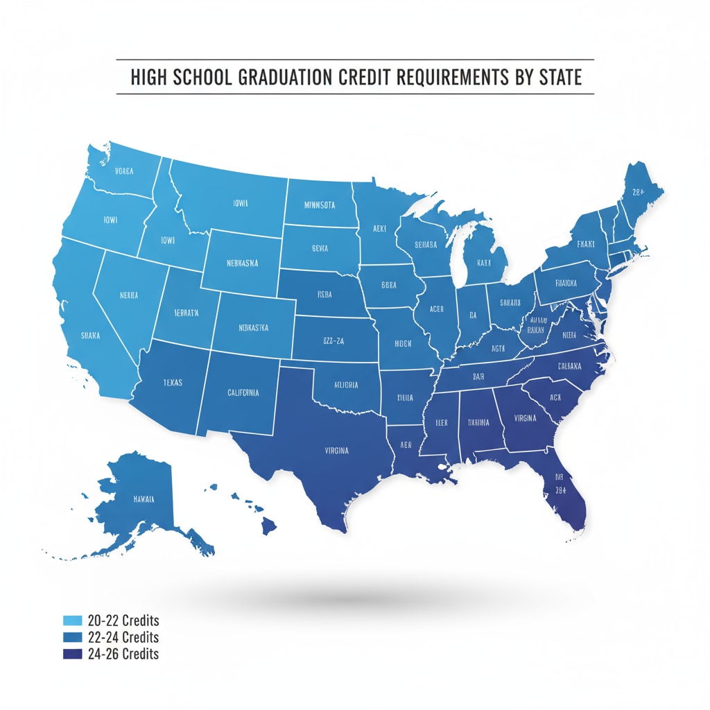 A map highlighting the varying high school credit requirements across different states in the US. Map showing state-by-state high school credit requirements for online high school students aiming for a diploma