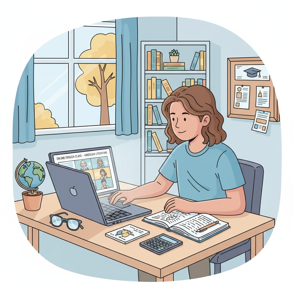 A young person sitting at a desk, studying on a laptop, representing online high school learning. Student engaged in online high school studies with low credit requirements towards a diploma