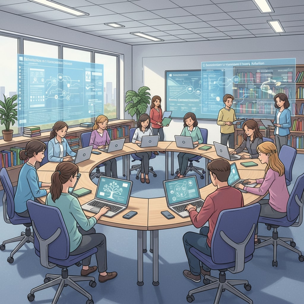 Students are seen using digital devices such as laptops and tablets to explore educational theories in a modern and well-equipped classroom. The classroom has a setup that encourages individual and group exploration of knowledge. Students exploring educational theories in a digital learning environment in the post-pandemic secondary education setting