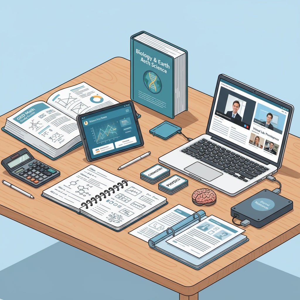 A collection of books and digital materials laid out on a table, representing resources for GED math and science study. Learning resources for GED math and science