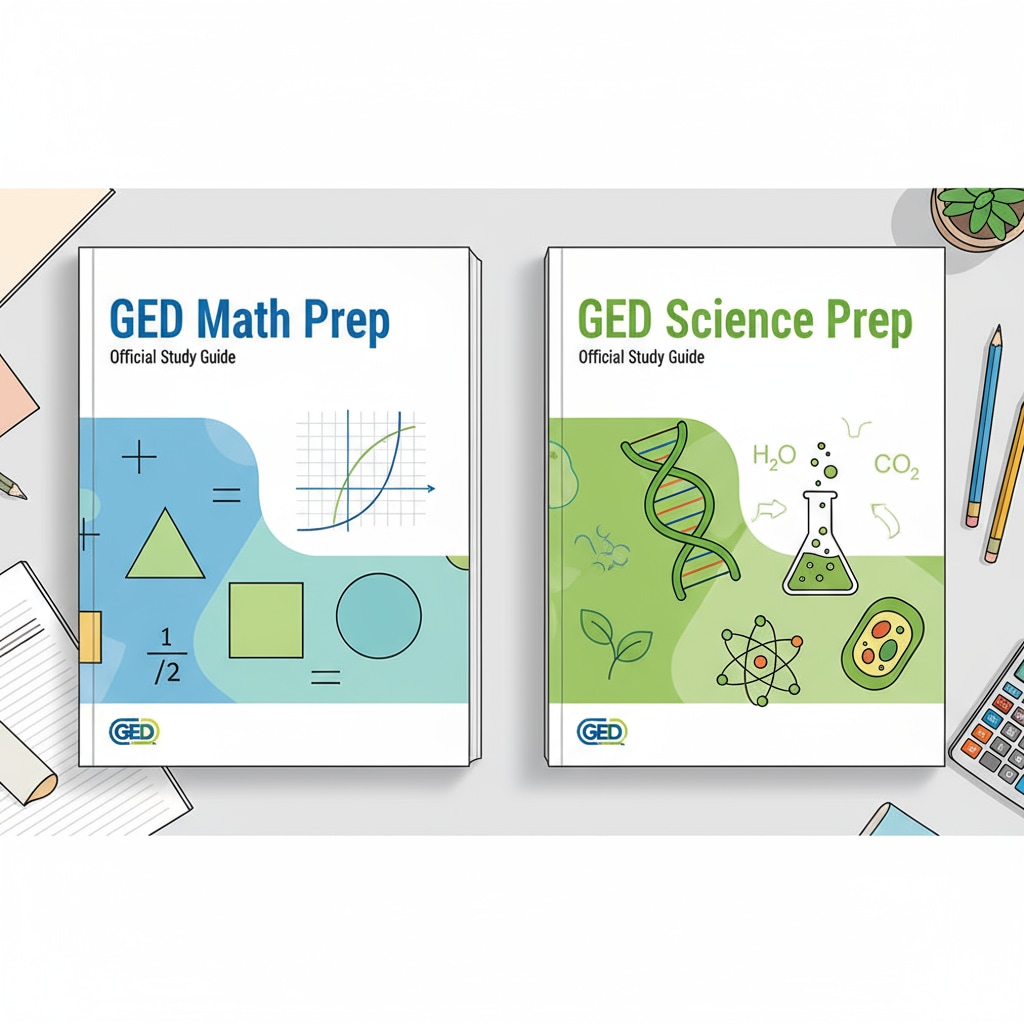 Official GED study books for math and science subjects, showing their covers. Official GED study books for math and science