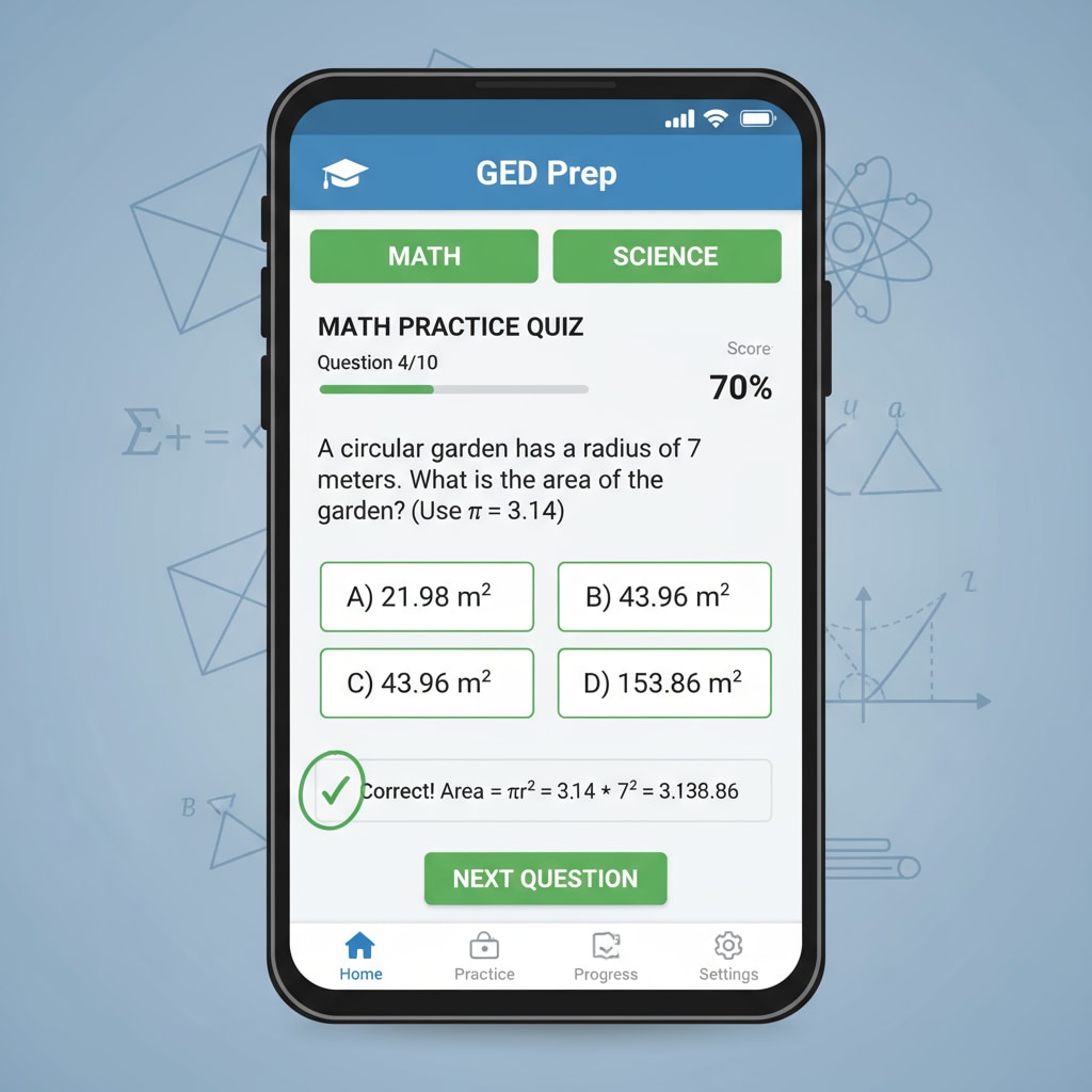 A mobile app interface displaying practice questions for GED math and science. Mobile app for GED math and science practice