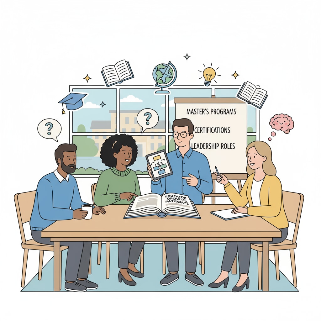 A group of K12 educators are sitting around a table, engaged in a discussion about their career paths and the educational options available to them to enhance their professional growth. K12 educators discussing career paths and educational investment options