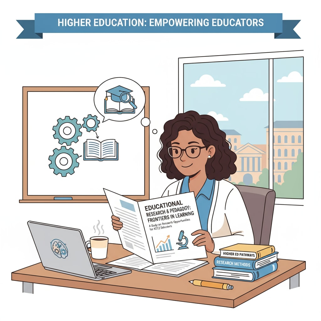 A K12 educator is sitting at a desk, reading an educational research paper. This represents how higher education can provide access to research opportunities for educators. K12 educator engaged in educational research as a benefit of educational attainment enhancement