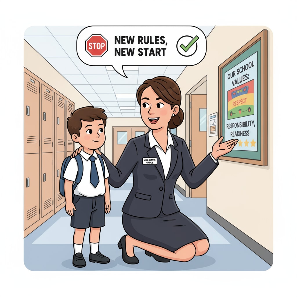 A school administrative assistant is seen chatting with a child in a friendly but firm manner in the school corridor, symbolizing the start of setting boundaries. A school administrative assistant interacting with a relative child to set behavioral boundaries in the workplace