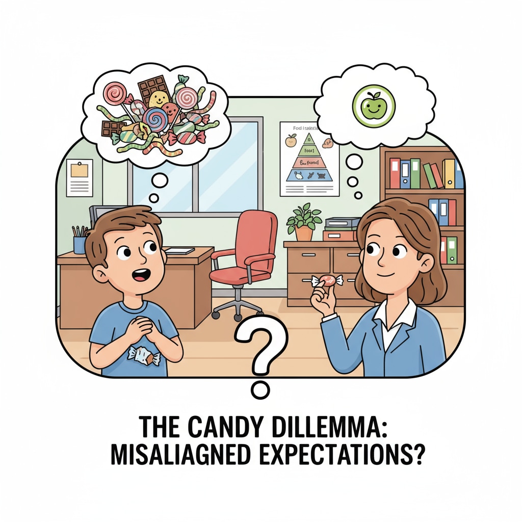 A child is looking up at an adult in a school office with an expectant expression, highlighting the misaligned expectations in the candy dilemma. A relative child showing unrealistic expectations towards an adult in the workplace