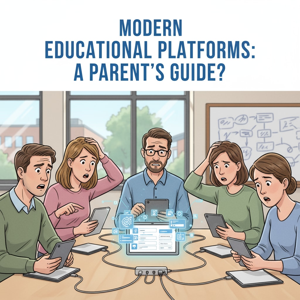 A group of parents are gathered around a table, looking at their devices with confused expressions as they try to figure out an educational platform. Parents confused while trying to understand an educational platform for preschool home-school communication