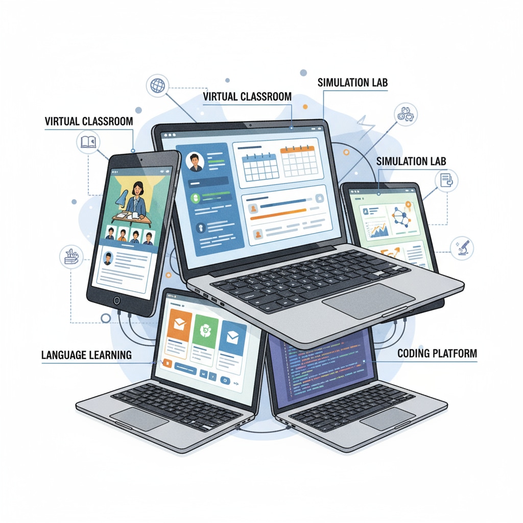 The screen shows various educational platform interfaces on different tablets and laptops, highlighting the complexity. Different educational platform interfaces for preschool home-school communication
