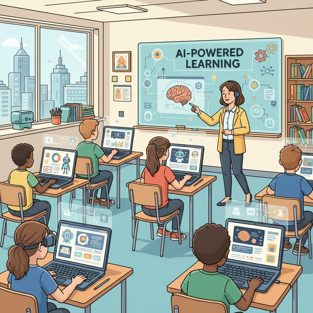 A classroom scene where students are using AI tools to learn, with laptops showing educational software interfaces. Students using AI in a K12 classroom setting