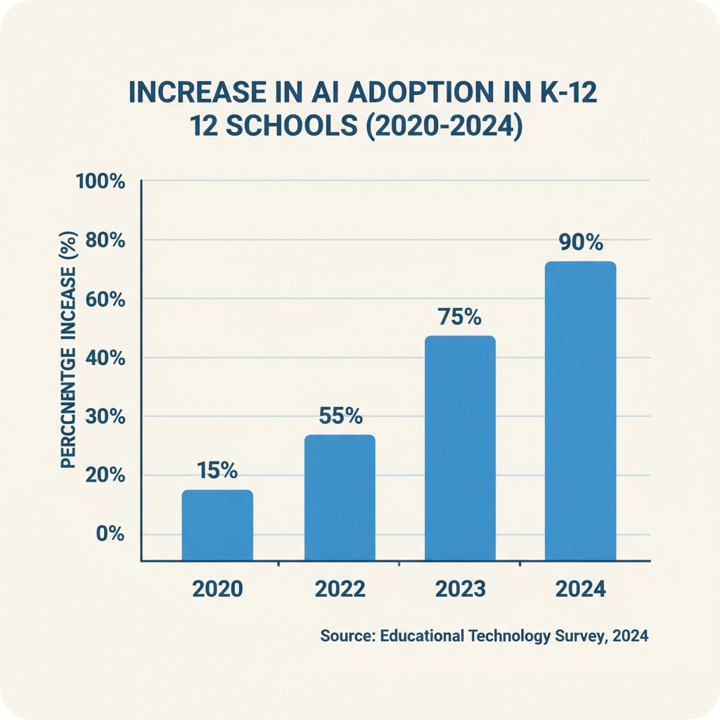 A bar graph depicting the percentage increase in AI adoption in K12 schools over the past few years. A graph showing the increasing adoption of AI in K12 schools