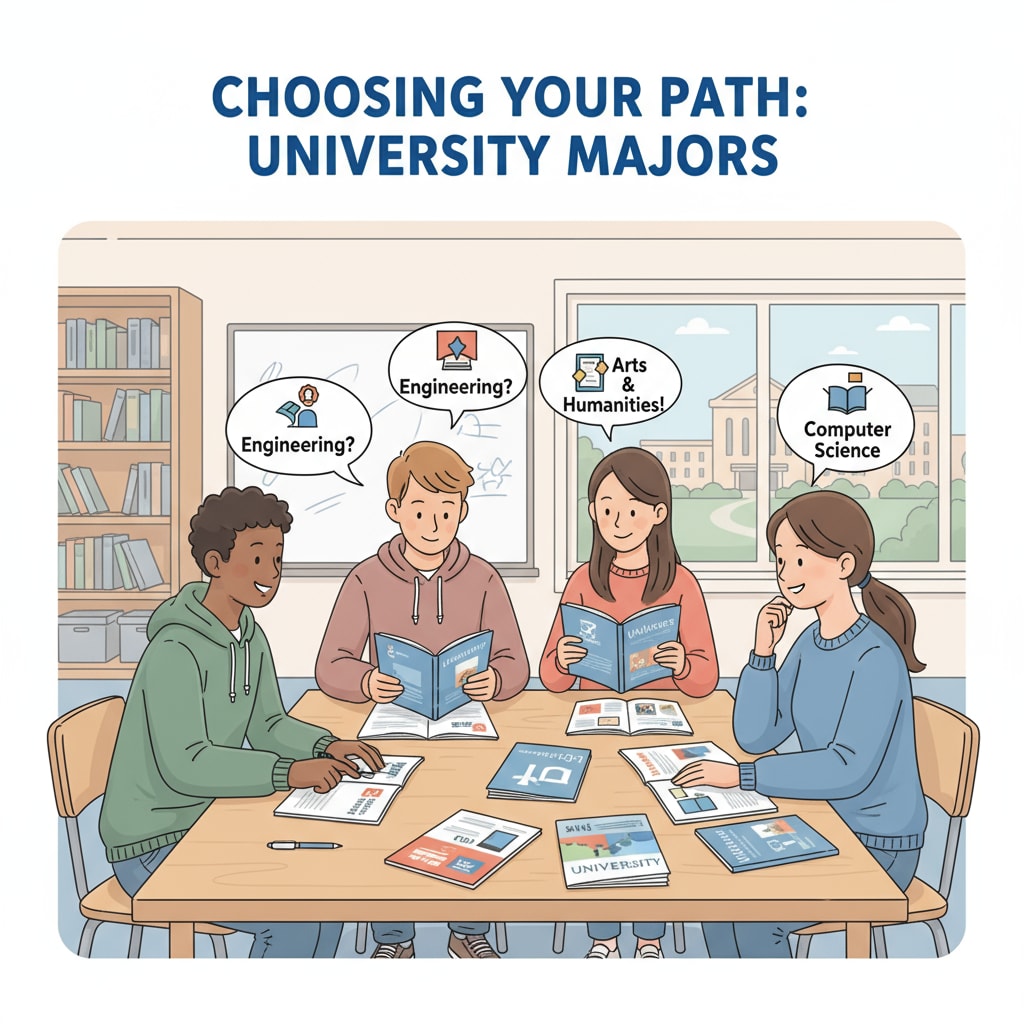 A group of high school students are gathered around a table, looking intently at university brochures and engaged in a lively discussion about different majors. High school students exploring university major options