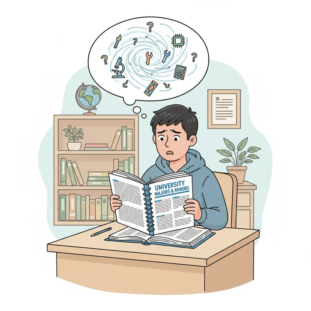 A student is sitting at a desk, looking perplexed as they leaf through a college course catalog, highlighting the confusion in choosing a major. A confused student looking at a college course catalog
